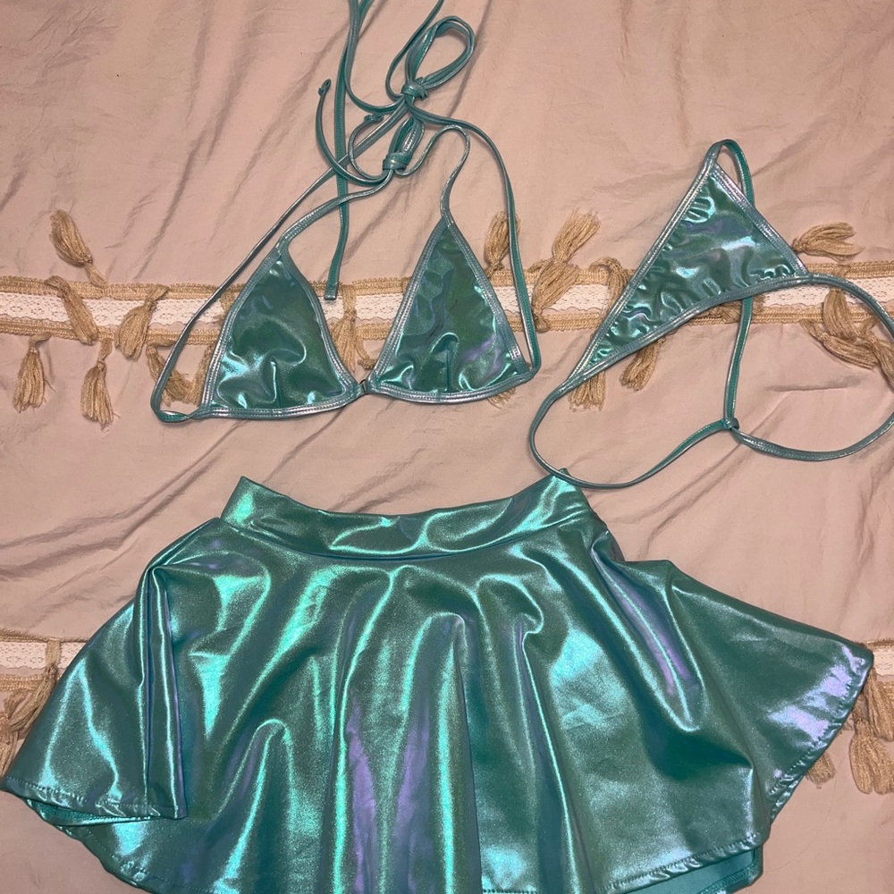Shiny Teal Bikini Set with Skirt